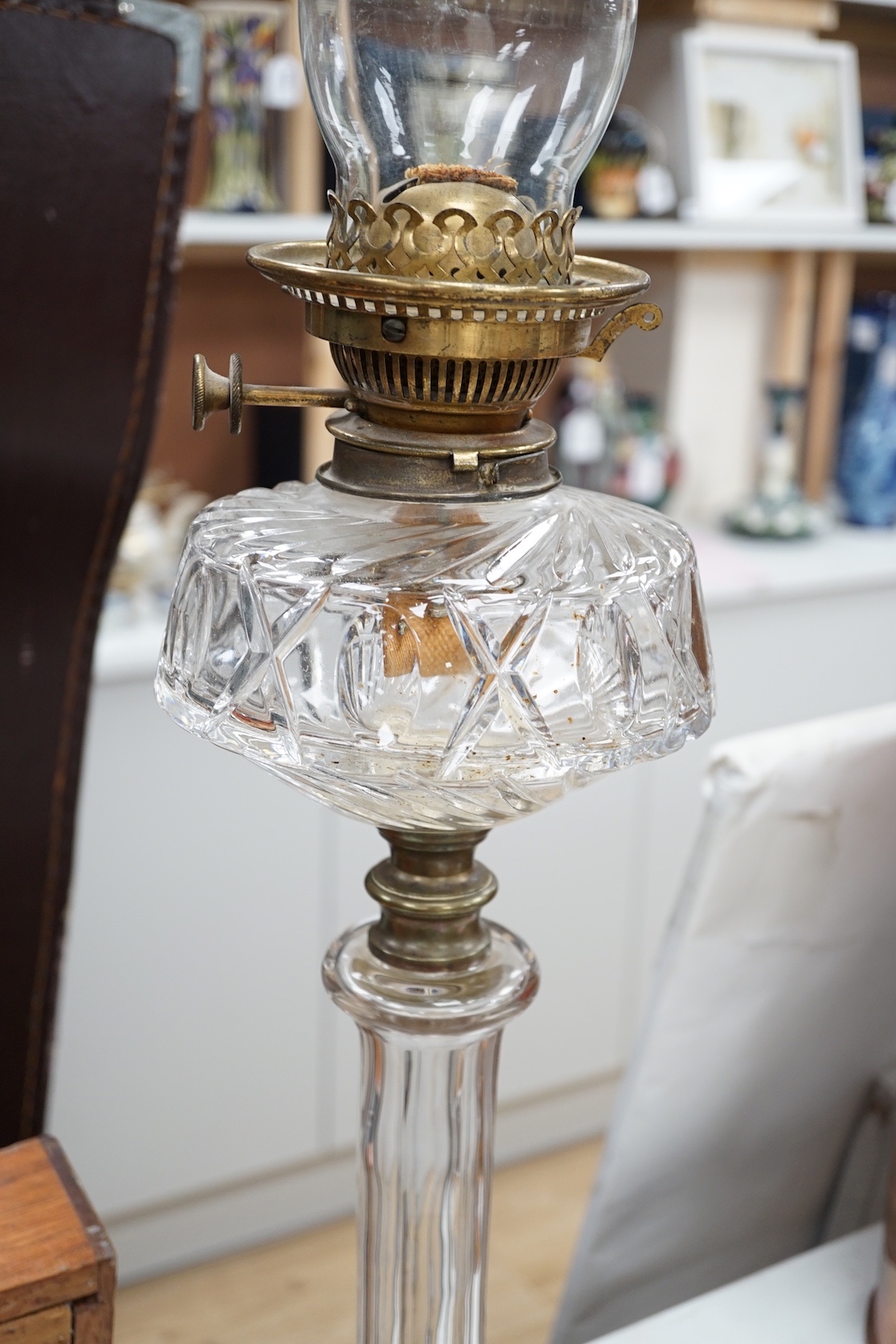 A Victorian glass oil lamp, total height excl chimney 51cm